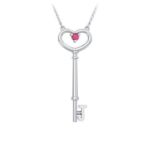 Initial Heart Key Necklace with Gemstone - J – Sterling Silver with Ruby