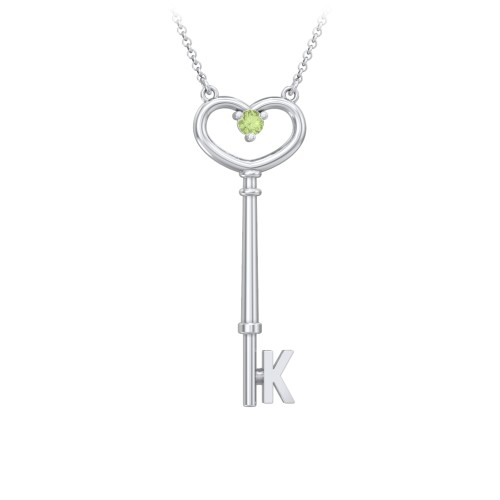 Initial Heart Key Necklace with Gemstone - K