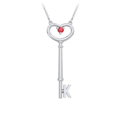 Initial Heart Key Necklace with Gemstone - K