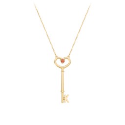 Initial Heart Key Necklace with Gemstone - K in 18K Gold Plated Silver with Garnet