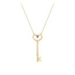 Initial Heart Key Necklace with Gemstone - K in 18K Gold Plated Silver with Smokey Quartz