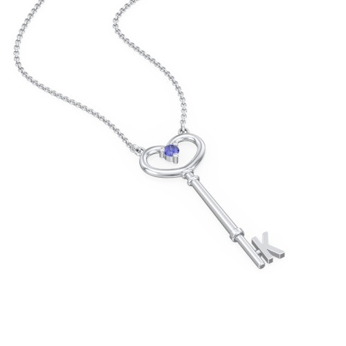 Initial Heart Key Necklace with Gemstone - K – Sterling Silver with Blue Sapphire
