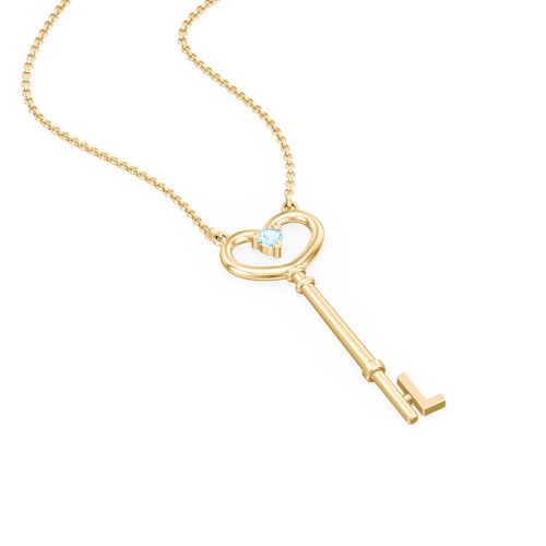 Initial Heart Key Necklace with Gemstone - L