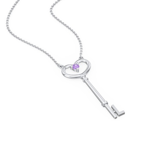 Initial Heart Key Necklace with Gemstone - L – Sterling Silver with Amethyst