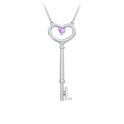 Initial Heart Key Necklace with Gemstone - L – Sterling Silver with Amethyst