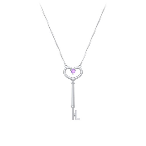 Initial Heart Key Necklace with Gemstone - L – Sterling Silver with Amethyst