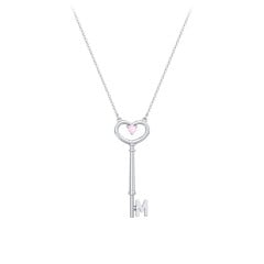 Initial Heart Key Necklace with Gemstone - M