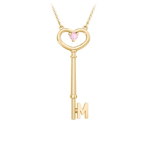 Initial Heart Key Necklace with Gemstone - M – 18K Gold Plated Silver with Pink Tourmaline