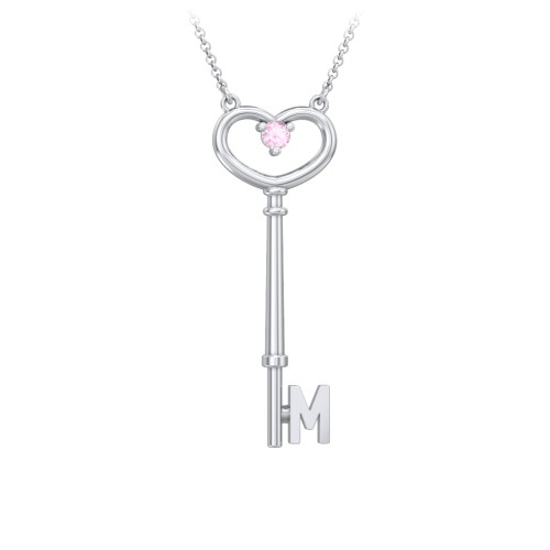 Initial Heart Key Necklace with Gemstone - M – Sterling Silver with Pink Tourmaline
