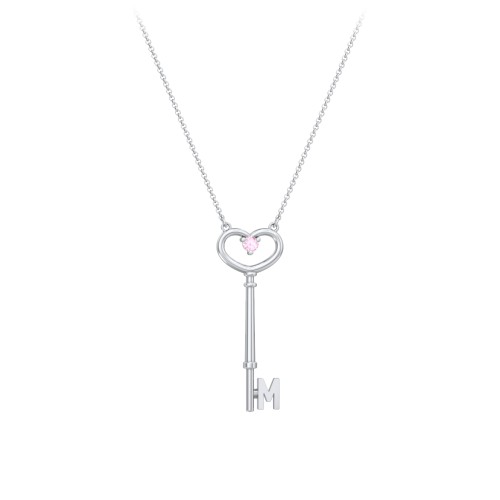 Initial Heart Key Necklace with Gemstone - M – Sterling Silver with Pink Tourmaline