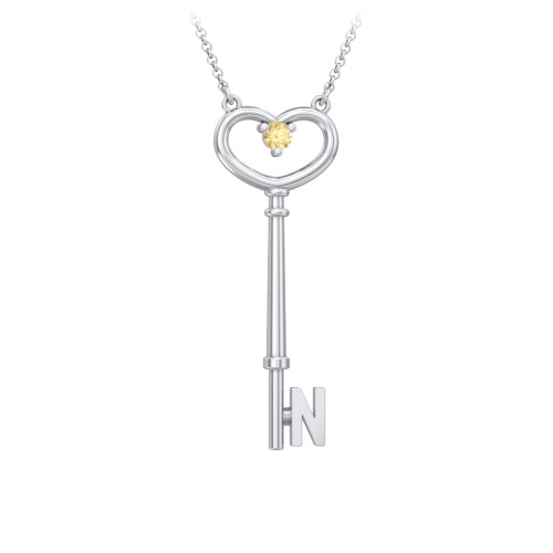 Initial Heart Key Necklace with Gemstone - N