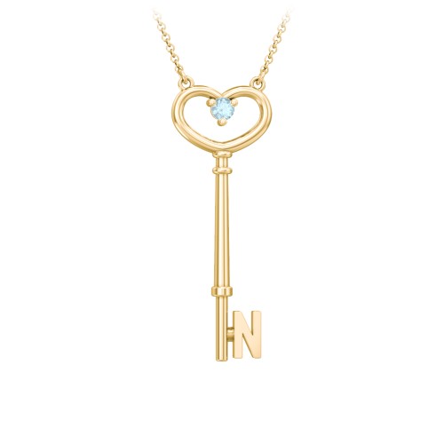 Initial Heart Key Necklace with Gemstone - N