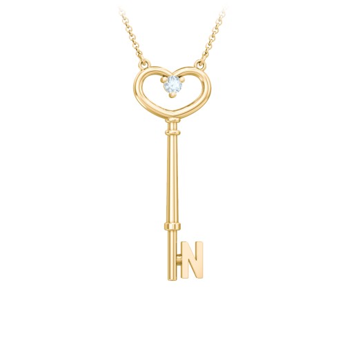 Initial Heart Key Necklace with Gemstone - N – 18K Gold Plated Silver with Aquamarine
