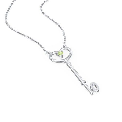 Initial Heart Key Necklace with Gemstone - O
