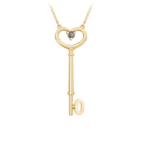Initial Heart Key Necklace with Gemstone - O – 18K Gold Plated Silver with Smokey Quartz