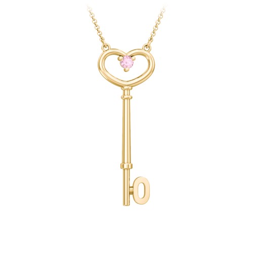 Initial Heart Key Necklace with Gemstone - O – 18K Gold Plated Silver with Pink Tourmaline