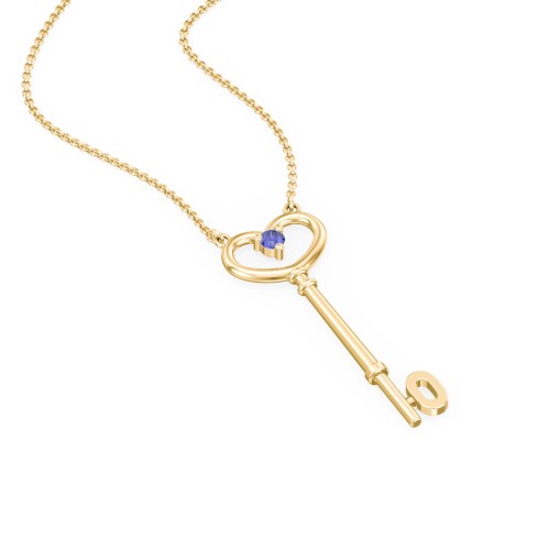 Initial Heart Key Necklace with Gemstone - O – 10K Yellow Gold with Blue Sapphire