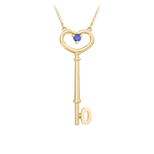 Initial Heart Key Necklace with Gemstone - O – 10K Yellow Gold with Blue Sapphire