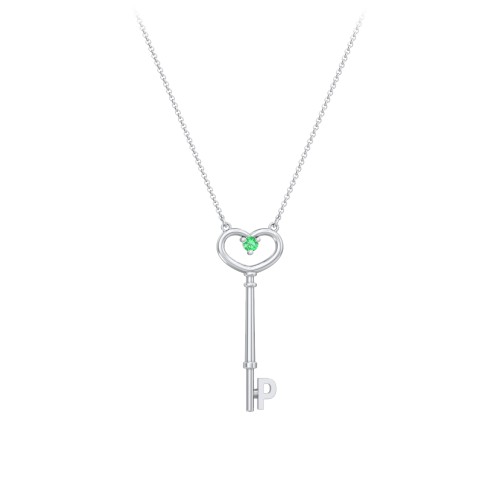 Initial Heart Key Necklace with Gemstone - P