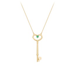 Initial Heart Key Necklace with Gemstone - P in 18K Gold Plated Silver with Emerald