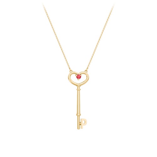 Initial Heart Key Necklace with Gemstone - P – 18K Gold Plated Silver with Garnet
