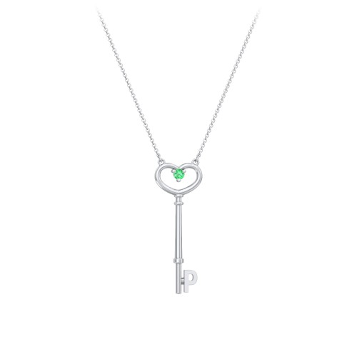 Initial Heart Key Necklace with Gemstone - P – Sterling Silver with Emerald