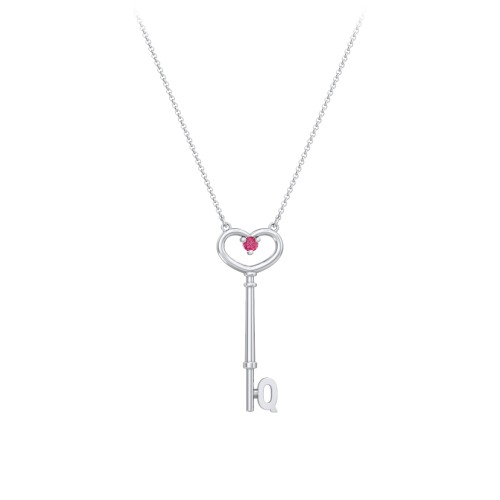 Initial Heart Key Necklace with Gemstone - Q