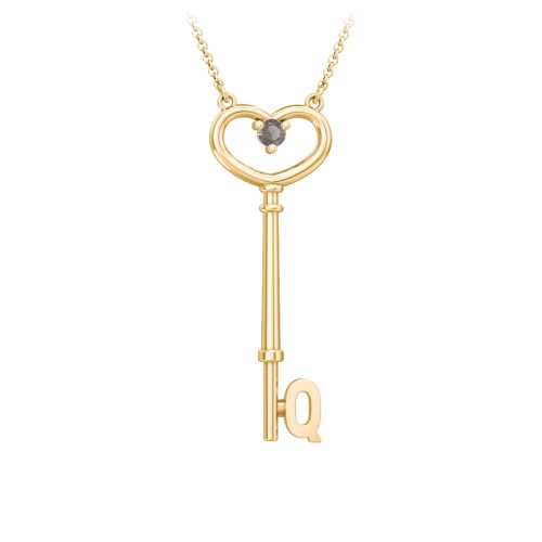 Initial Heart Key Necklace with Gemstone - Q – 18K Gold Plated Silver with Smokey Quartz