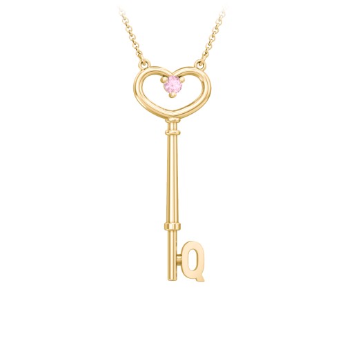 Initial Heart Key Necklace with Gemstone - Q – 18K Gold Plated Silver with Pink Tourmaline