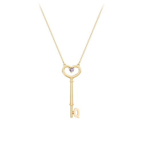Initial Heart Key Necklace with Gemstone - Q – 18K Gold Plated Silver with Alexandrite