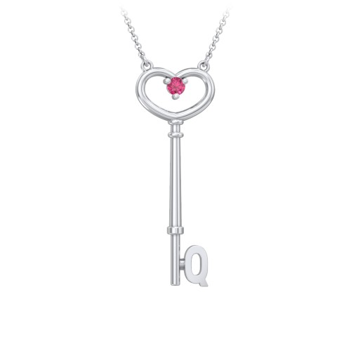 Initial Heart Key Necklace with Gemstone - Q – Sterling Silver with Ruby