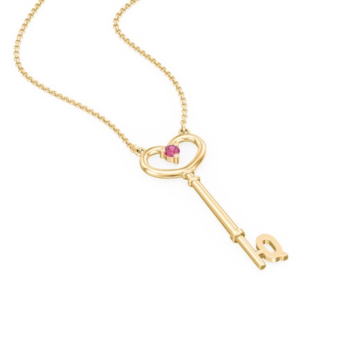 Initial Heart Key Necklace with Gemstone - Q – 10K Yellow Gold with Ruby