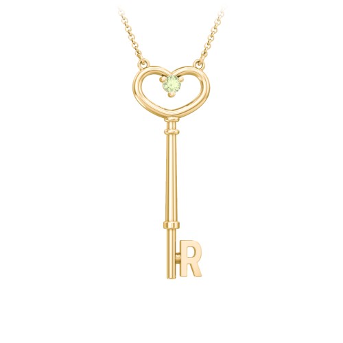 Initial Heart Key Necklace with Gemstone - R – 18K Gold Plated Silver with Peridot