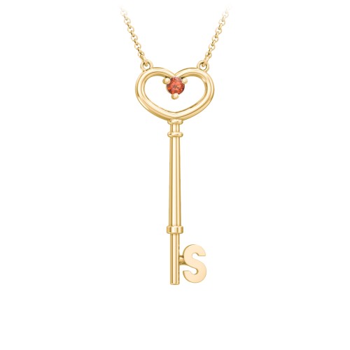 Initial Heart Key Necklace with Gemstone - S – 18K Gold Plated Silver with Garnet