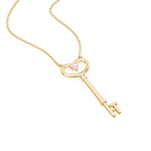 Initial Heart Key Necklace with Gemstone - T – 18K Gold Plated Silver with Pink Tourmaline