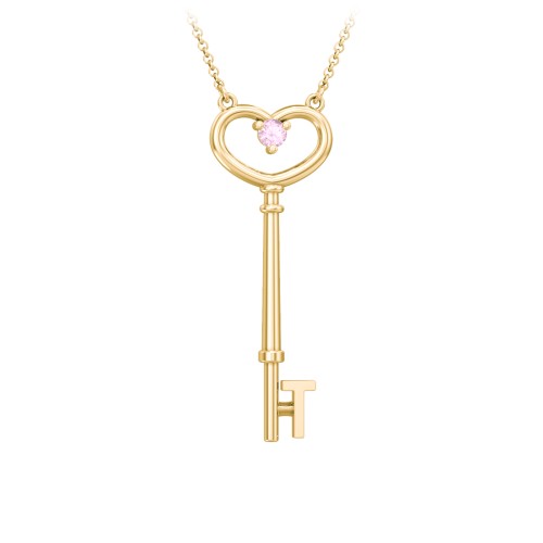 Initial Heart Key Necklace with Gemstone - T – 18K Gold Plated Silver with Pink Tourmaline
