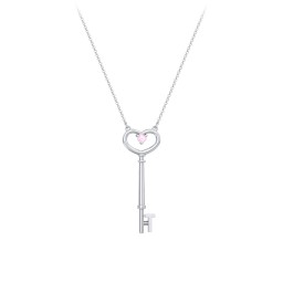 Initial Heart Key Necklace with Gemstone - T in 925 Sterling Silver with Fancy Pink Premium Zirconia