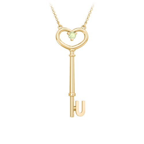 Initial Heart Key Necklace with Gemstone - U – 18K Gold Plated Silver with Peridot