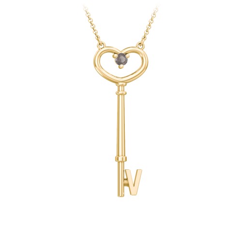 Initial Heart Key Necklace with Gemstone - V – 18K Gold Plated Silver with Smokey Quartz