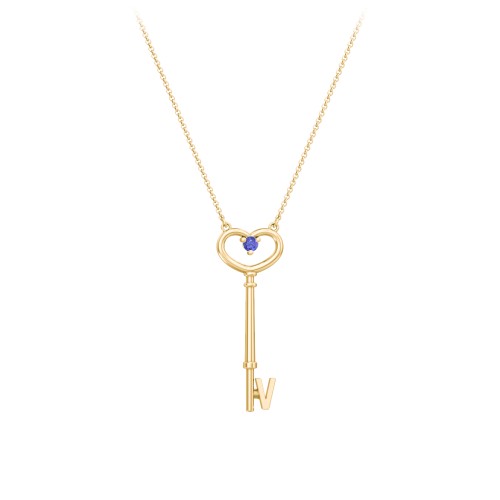 Initial Heart Key Necklace with Gemstone - V – 18K Gold Plated Silver with Blue Sapphire