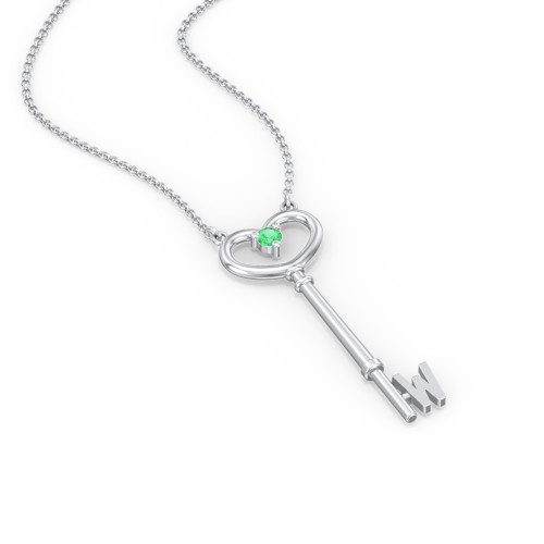 Initial Heart Key Necklace with Gemstone - W