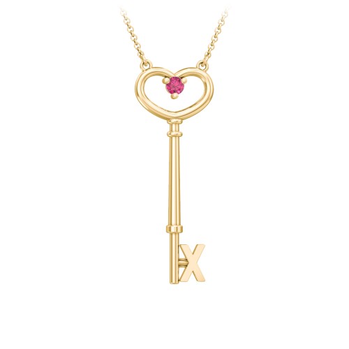 Initial Heart Key Necklace with Gemstone - X – 18K Gold Plated Silver with Ruby