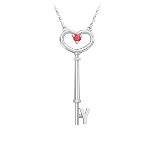 Initial Heart Key Necklace with Gemstone - Y