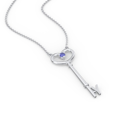 Initial Heart Key Necklace with Gemstone - Y – Sterling Silver with Blue Sapphire