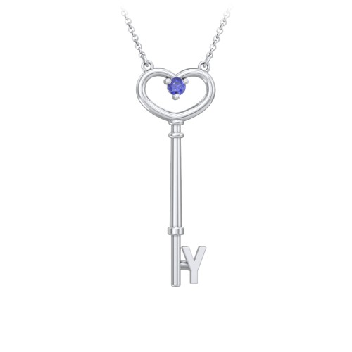 Initial Heart Key Necklace with Gemstone - Y – Sterling Silver with Blue Sapphire