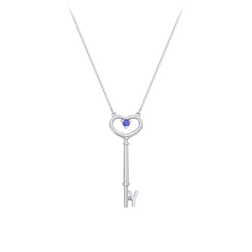 Initial Heart Key Necklace with Gemstone - Y – Sterling Silver with Blue Sapphire
