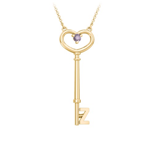 Initial Heart Key Necklace with Gemstone - Z