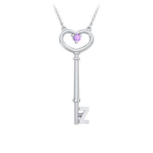 Initial Heart Key Necklace with Gemstone - Z – Sterling Silver with Amethyst
