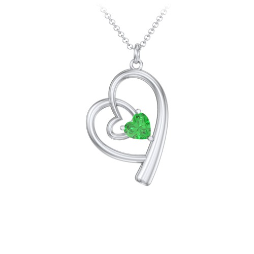 Intertwined Heart In Heart Pendant with Gemstone – Sterling Silver with Emerald