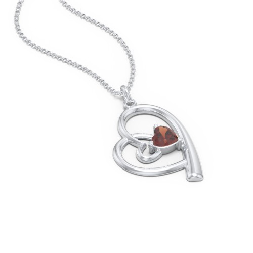 Intertwined Heart In Heart Pendant with Gemstone – Sterling Silver with Garnet